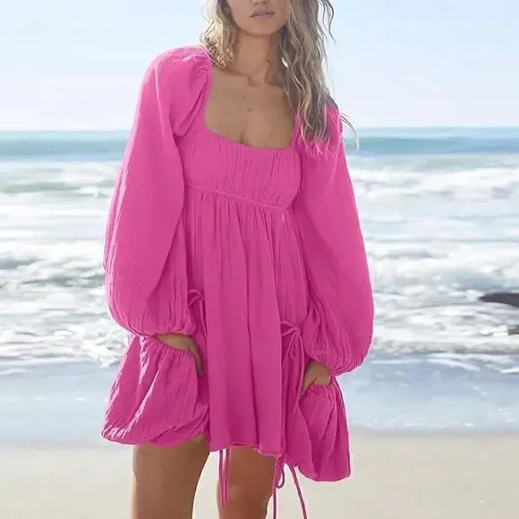 Shiyifa Women's Summer Mini Dress – XS, Square Neck, Long Sleeves, with Pockets - Picture 2 of 5